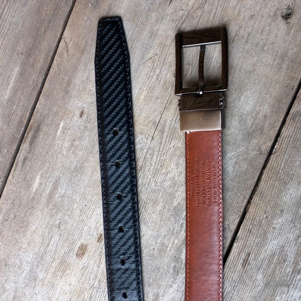 Men's Reversible Belt L 45 Black Carbon Fiber Cognac Brown Gunmetal BucklE